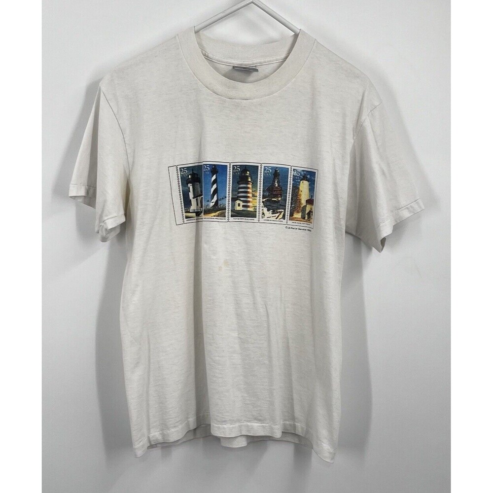 Vintage Oneita USPS US Postal Service Lighthouse Stamps T-Shirt 1989 USA Flawed